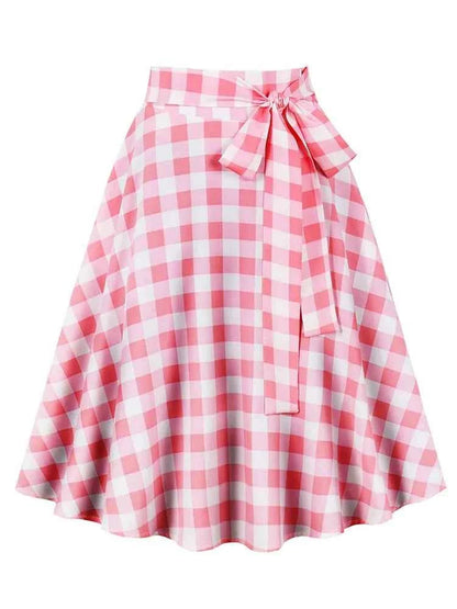 Women's High Waist Pleated Midi Skirts Female Summer Plaid Vintage Casual A-line Loose Skirt With Belt Pocket