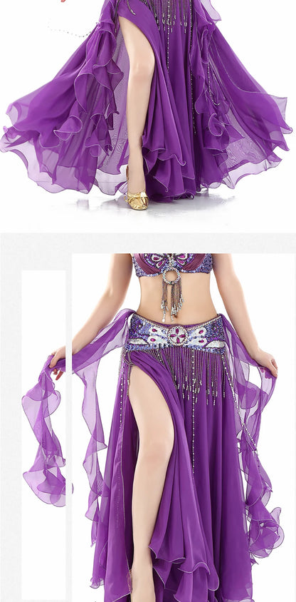 Belly Dance Skirt Chiffon Skirts Double Slit Ear Gauze Skirt High Slit Skirt For Adult Women Performance Practice Clothings