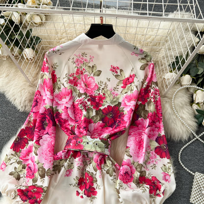 Elegant Gorgeous Floral Bohemian Dress Spring Women Stand Long Lantern Sleeve Floral Print Belt Linen Long Vestidos Clothes 6235