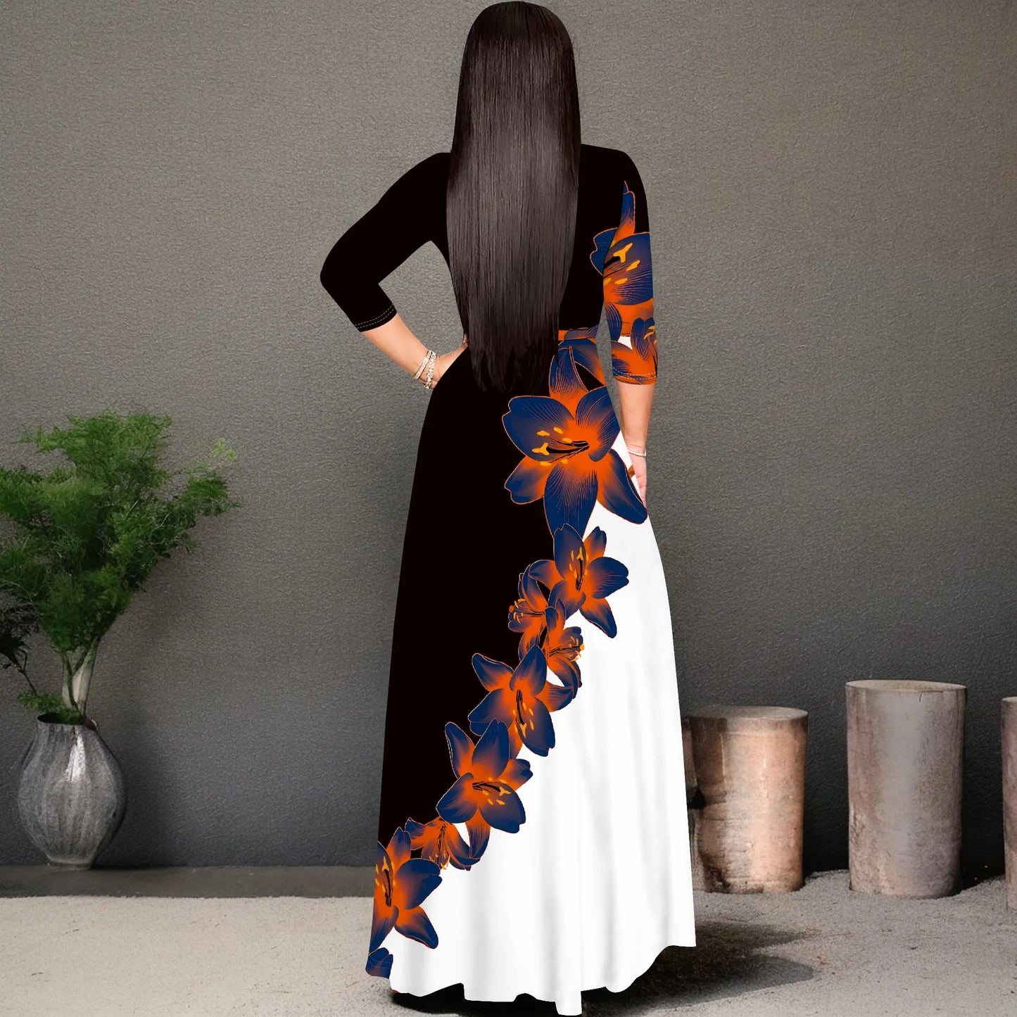 Floral V-Neck 3/4 Sleeve Wrap Maxi Dress with Belt - Women's Bold Elegant Party Evening Resortwear Date Night