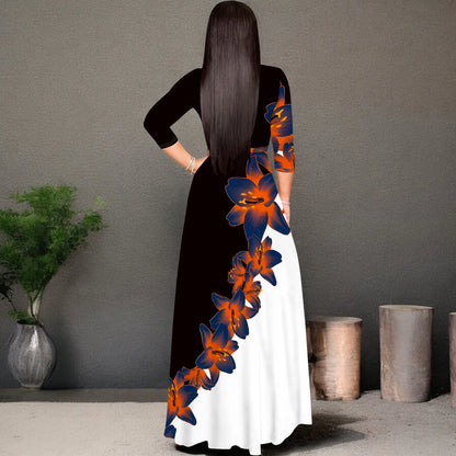 Floral V-Neck 3/4 Sleeve Wrap Maxi Dress with Belt - Women's Bold Elegant Party Evening Resortwear Date Night