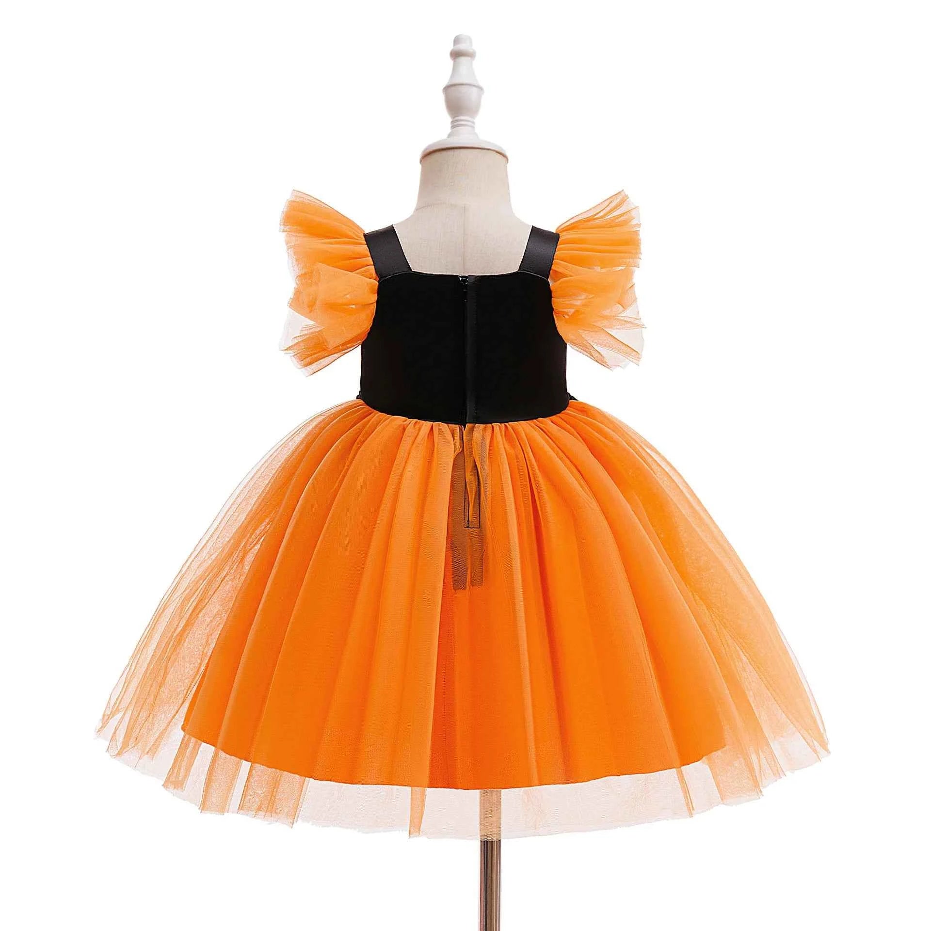 Baby Girl Halloween Costume 0-3 Yrs Little Girl Fantasy Dress Children Pumpkin Skeleton Print Fluffy Gown Kids Cute Orange Frock