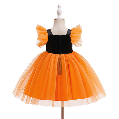 Baby Girl Halloween Costume 0-3 Yrs Little Girl Fantasy Dress Children Pumpkin Skeleton Print Fluffy Gown Kids Cute Orange Frock