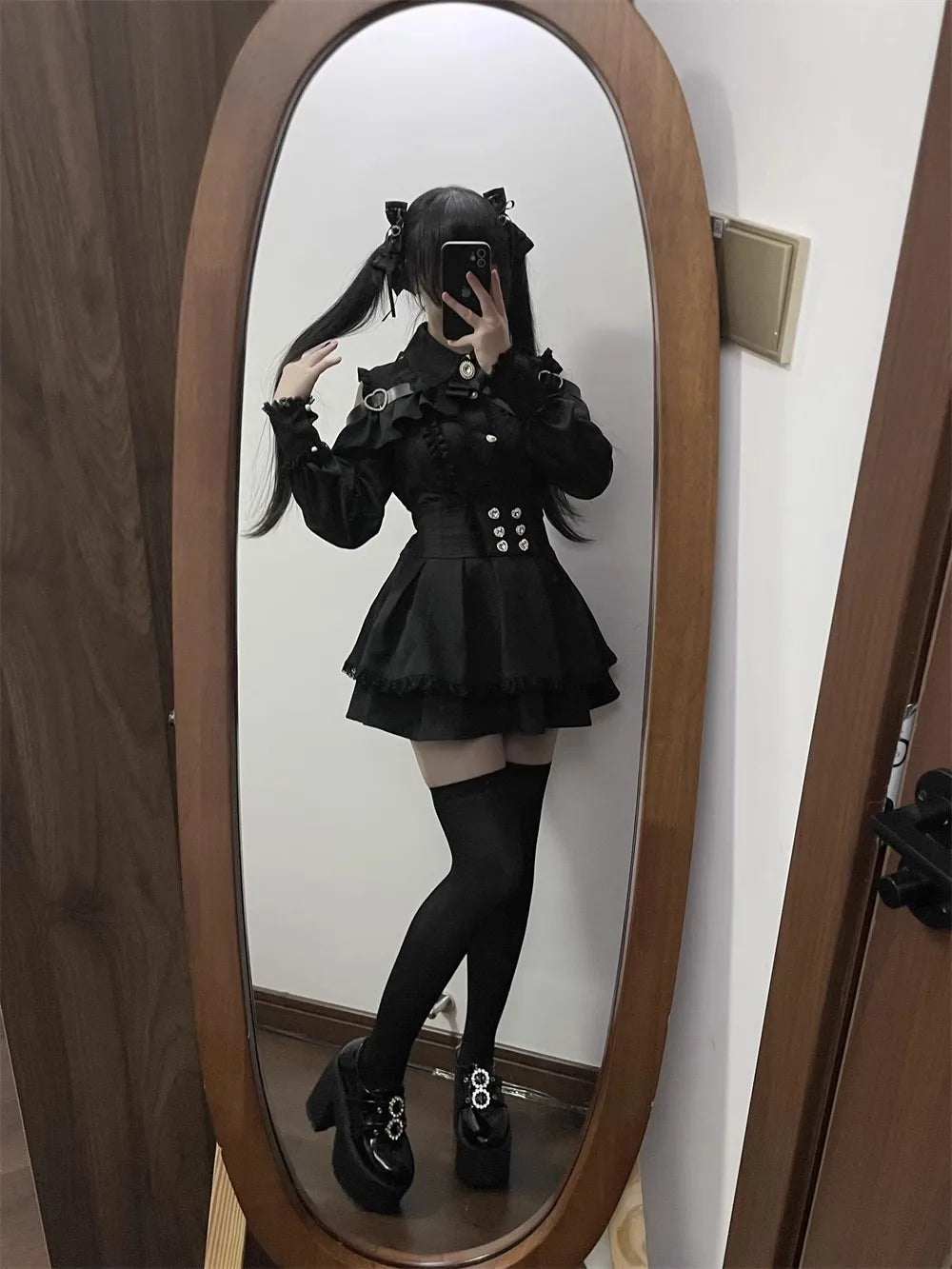 Sweet Gothic Lolita Two Piece Set, Off Shoulder Blouse + High Waist Skirt, Kawaii Tri-color Lace Coord Outfit for Women & Teens