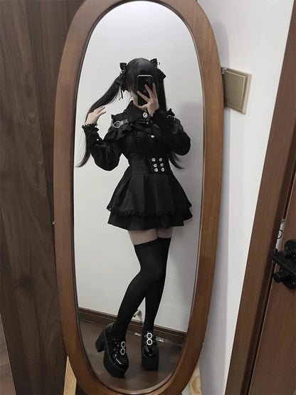 Sweet Gothic Lolita Two Piece Set, Off Shoulder Blouse + High Waist Skirt, Kawaii Tri-color Lace Coord Outfit for Women & Teens