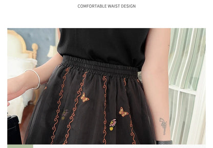 Chinese Style Retro Long Skirt Flowers Embroidered Summer Fairy Skirt Elastic Waist Gauze Skirt Party Lady A-line Skirts