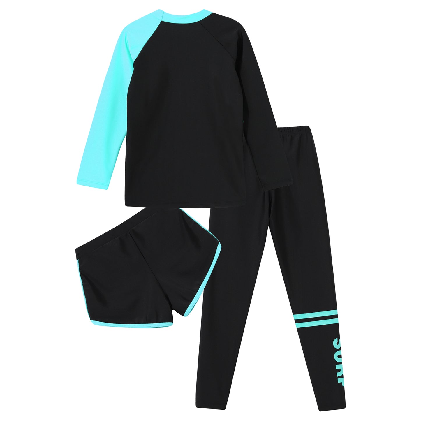 3Pcs Kids Girls Colorful Print Swimsuit Swimwear Long Sleeve Top+Shorts with Pants Set Sun Protection Rash Guard Swimming Outfit - AMULET RING STORE