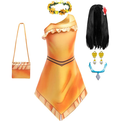 Indian Pocahontas Princess Cosplay Dress Girls Matoaka Halloween Party Disguise Costume Children Cartoon Movie Fantasy Outfits