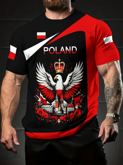 Men's 3D Eagle & Polish Flag Graphic T-Shirt - Patriotic Poland Design Black with Red & White Accents Casual Round Neck Tee - AMULET RING STORE
