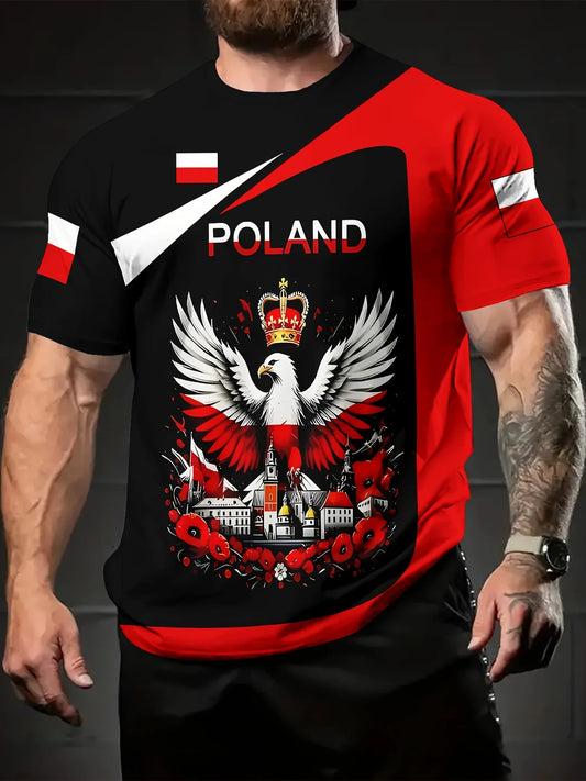 Men's 3D Eagle & Polish Flag Graphic T-Shirt - Patriotic Poland Design Black with Red & White Accents Casual Round Neck Tee - AMULET RING STORE