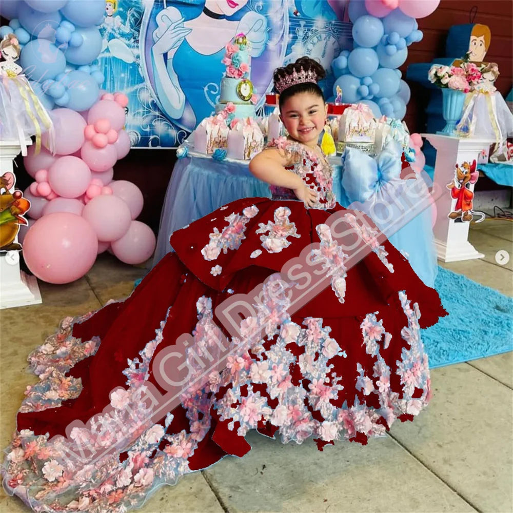 Luxury Appliqué  Flower Girl Dress Spaghetti Straps Birthday Lace Appliques Off Shoulder V-Neck First Communion Gown