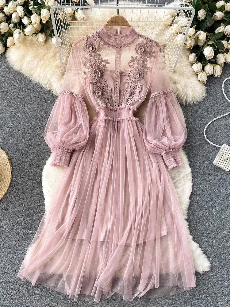 Ladies Dress Three-dimensional Flower Hook Mesh Temperament Stand Collar Lantern Sleeve High Waist Slim Female Dresses - AMULET RING STORE