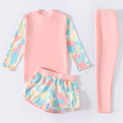 3Pcs Kids Girls Colorful Print Swimsuit Swimwear Long Sleeve Top+Shorts with Pants Set Sun Protection Rash Guard Swimming Outfit - AMULET RING STORE