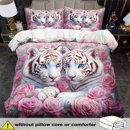 3pcs Fashion Bedding Set Tiger Pink Rose Digital Print Comfortable Breathable Duvet Cover King Queen Twin Single Size for Gift