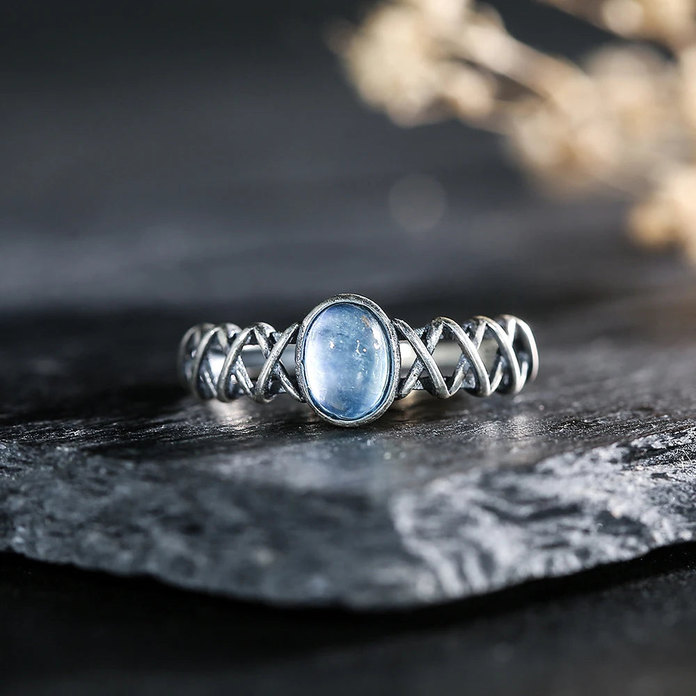7*5mm Natural Aquamarine 925 Sterling Silver Women's Ring Handmade Adjustable Open Bands Vintage Boho Jewelry Gifts - AMULET RING STORE