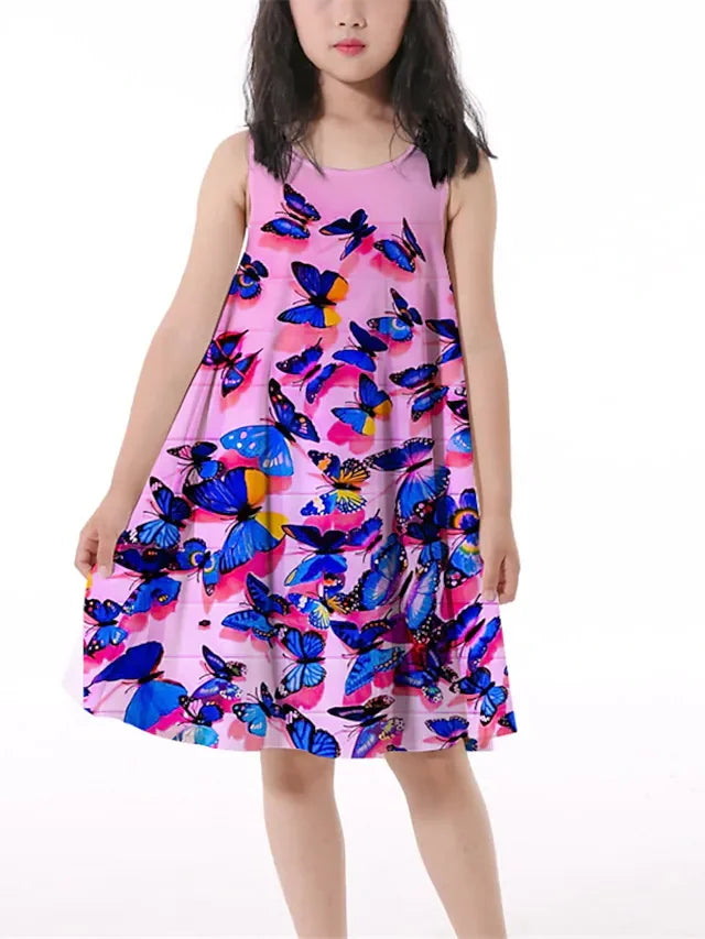 Children's Clothing Butterfly Round Neck Sleeveless Dress Off Shoulder Knee Length - AMULET RING STORE