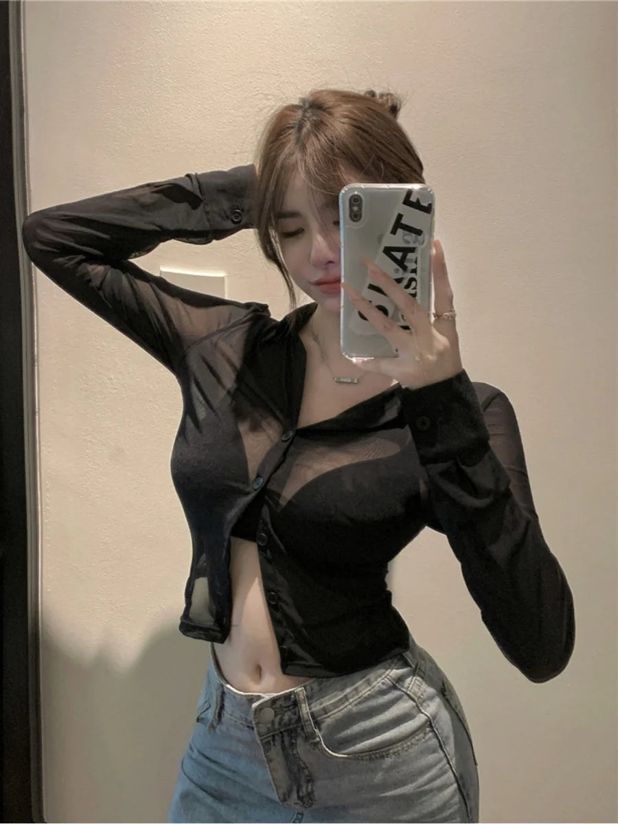 Bla Lace irt Sexy Thin Sun Protection Women's Summer New Pure Desire Versatile Slim ort Top Korean Sle Collar Lo... - AMULET RING STORE