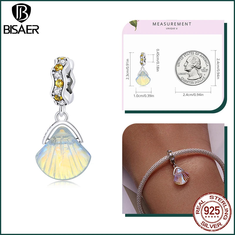 BISAER 925 Sterling Silver Charm Ocean Style Fish Dolphin Mermaid Shell Blue CZ Bead For Necklace&Bracelet DIY Fine Jewelry Gift - AMULET RING STORE