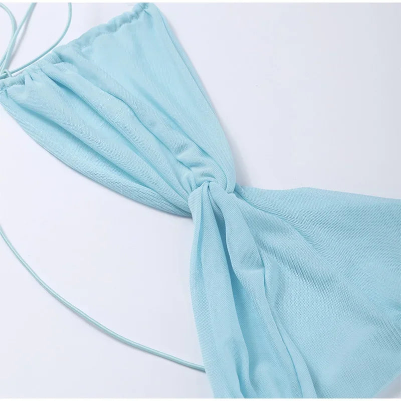 Vacation Hollow Out Mesh Long Sling Dress For Women Y2k Irregular Sleeveless Side Split Beach Suspender Dress Lady Evening Robe - AMULET RING STORE