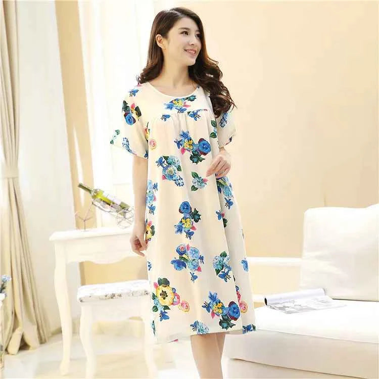 Women summer cotton nightgowns short-sleeved Korean loose big yards 4XL fit 100 kg nightshirt female floral print night dress