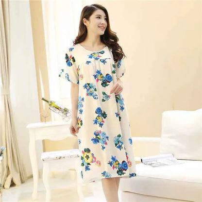 Women summer cotton nightgowns short-sleeved Korean loose big yards 4XL fit 100 kg nightshirt female floral print night dress
