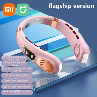 XIAOMI 2025 Neck Fan USB Rechargeable Cooling Fan 5 Speed Adjustable Neck Cooler Digital Display Bladeless Neckband Fan