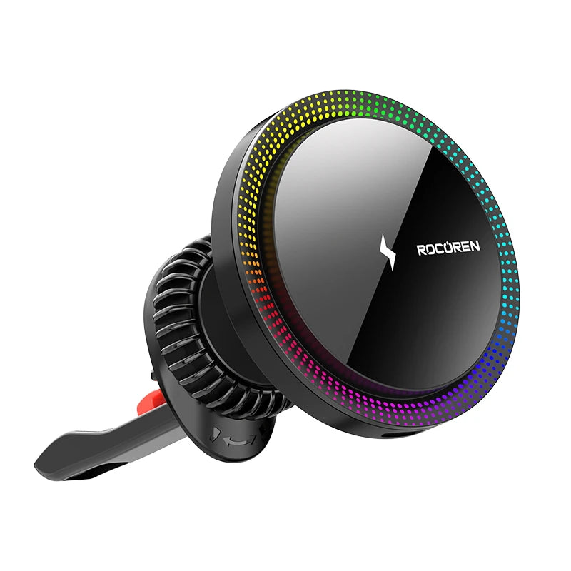 Rocoren Magnetic Car Phone Holder Fast Charging Wireless Charger With RGB light Magnet Car Stander For iPhone 15 14 13 Pro Max