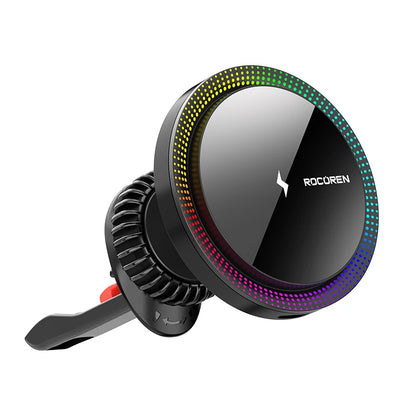 Rocoren Magnetic Car Phone Holder Fast Charging Wireless Charger With RGB light Magnet Car Stander For iPhone 15 14 13 Pro Max