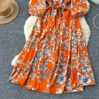 Elegant Boho Floral Print Floral Pleated Maxi Long Dress Female V Neck Puff Sleeve Belt Dresses Women Summer Dress Robe