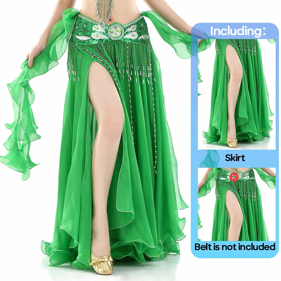 Belly Dance Skirt Chiffon Skirts Double Slit Ear Gauze Skirt High Slit Skirt For Adult Women Performance Practice Clothings - AMULET RING STORE