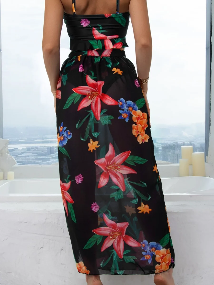 3 Pieces Floral Print Knot Front Bikinis 2025 Women Ruffle Swimwear Female High Waist Swimsuit With Beach Skirt Bathing Suit