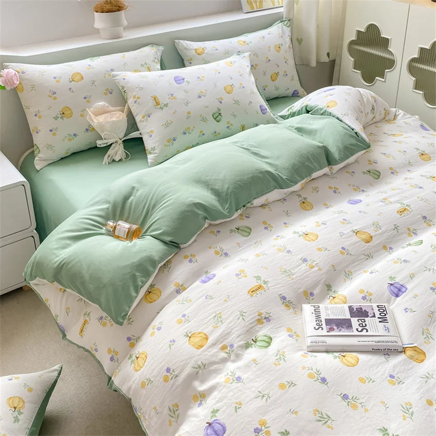 Korean Retro Floral Bedding Set 100% Washed Cotton Bed Sheets Set Soft Duvet Cover Bed Linen Pillowcase Single Double Queen King - AMULET RING STORE