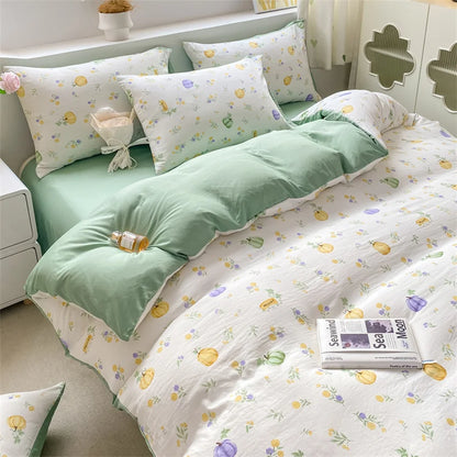 Korean Retro Floral Bedding Set 100% Washed Cotton Bed Sheets Set Soft Duvet Cover Bed Linen Pillowcase Single Double Queen King - AMULET RING STORE