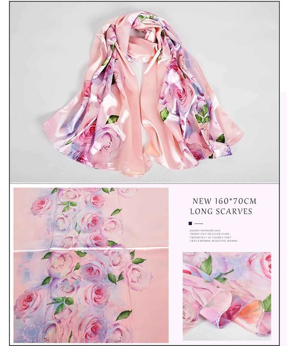 New Spring Fall Pink Rose Silk Scarf Shawl Printed Winter Fashion Women Neck Scarf  Floral Design Long Scarves Wraps  160*70cm