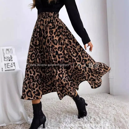 Elegant Leopard Print Halter Neck Mini Dress Polyester Fiber Ruffles Decoration Cross-Border New Arrival 2024 Women's Skirt - AMULET RING STORE