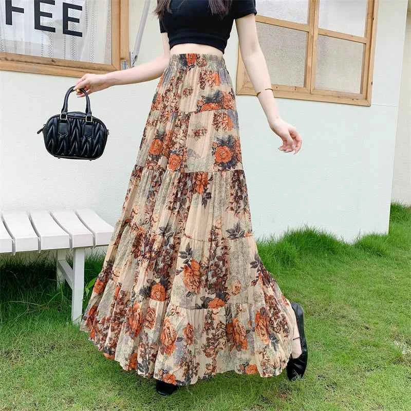 Retro Floral Pleated to Ankle f Skirt Women's Draped High Waist Midi A-Line Skirt Polyester Fiber Spring Season