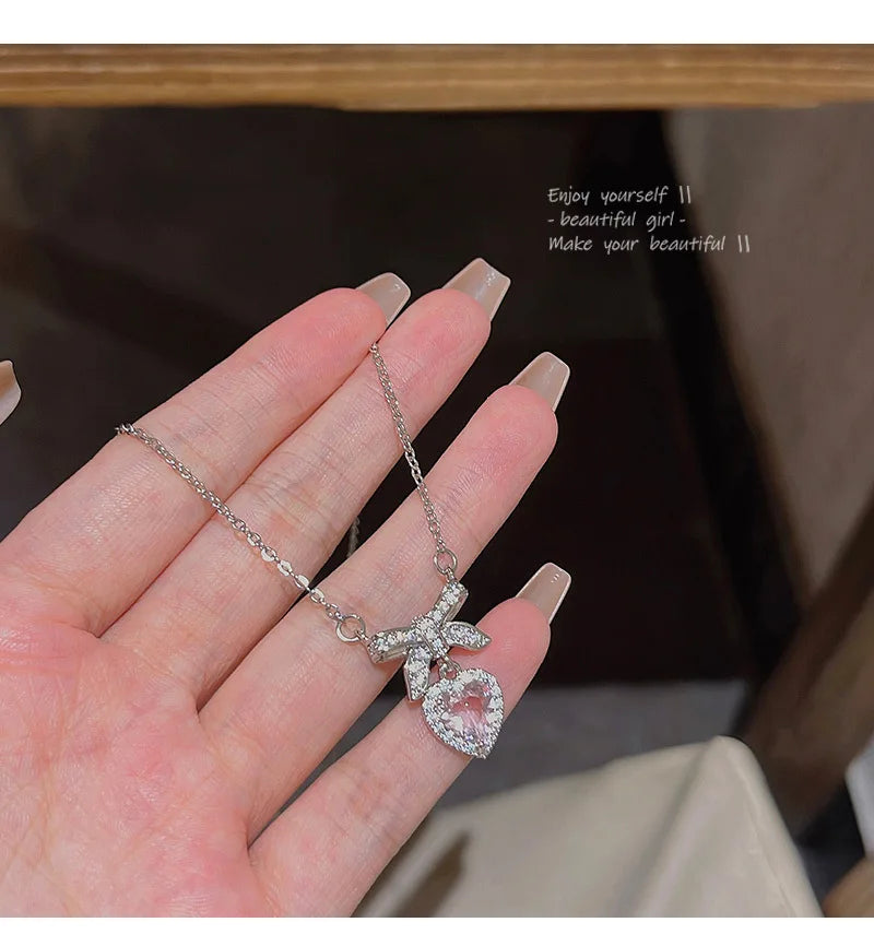 Korean Fashion Pink Crystal Heart Bow Tie Pendant Necklace Silver Color Chain Neck Necklace for Women Wedding Aesthetic Jewelry