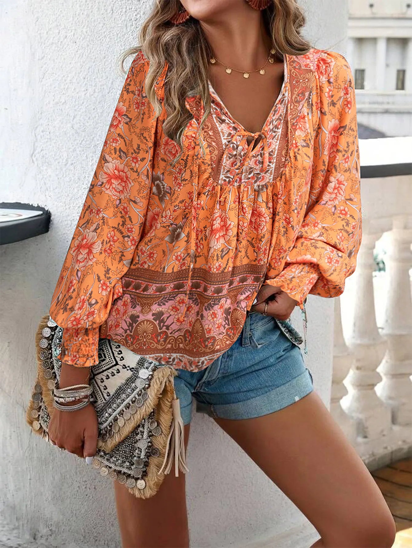 2024 Summer Fashion New Women's Elegant Casual Printed V-neck Shirt with Bubble Sleeves and Loose Commuting Style Top - AMULET RING STORE