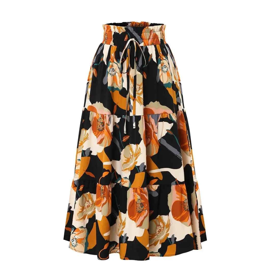 Women Floral Print Elastic Waist Pleated Skirt Multiple Colors All-match Lady Skirt