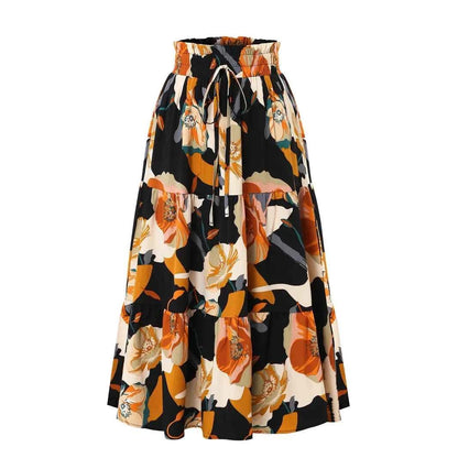 Women Floral Print Elastic Waist Pleated Skirt Multiple Colors All-match Lady Skirt