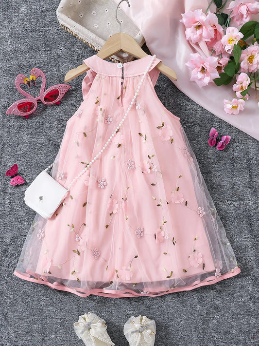 Girls summer fashion lady three-dimensional flower mesh bow decorative halter dress with bag