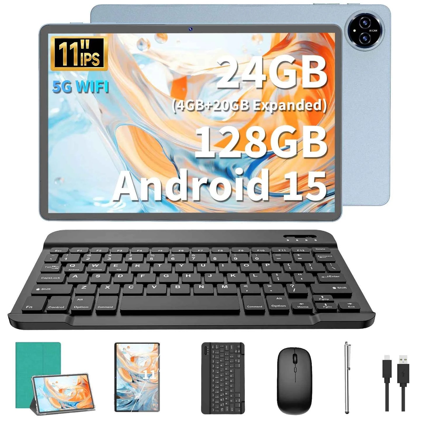 2025 Relndoo 11 Inch Android 15 Tablet , 24GB(4+20 Expanded) RAM+128GB ROM, IPS HD Screen, 5G WiFi, T615 Processor, GPS, Type C