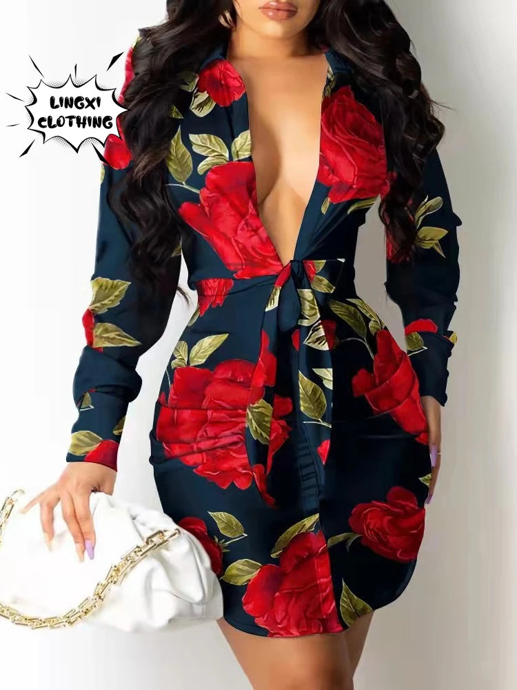 2023 New Women's Professional Style Office Wrap Hip Elegant Dress Lapel Waist Tie Long Sleeve Mid Length Pullover Shirt Dress - AMULET RING STORE