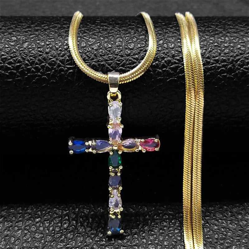 Shiny Hip Hop Zircon Cross Pendant Necklace for Women Stainless Steel Crystal Choker Christian Necklaces Jewelry cruz colgante