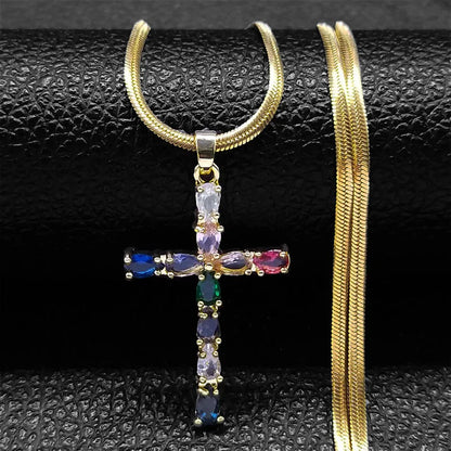 Shiny Hip Hop Zircon Cross Pendant Necklace for Women Stainless Steel Crystal Choker Christian Necklaces Jewelry cruz colgante