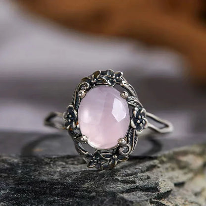Vintage 925 Sterling Silver Ring Irregular Flowers Natural Rose Quartz Punk Ring Bohemian Silver Ring Fine Jewelry For Women