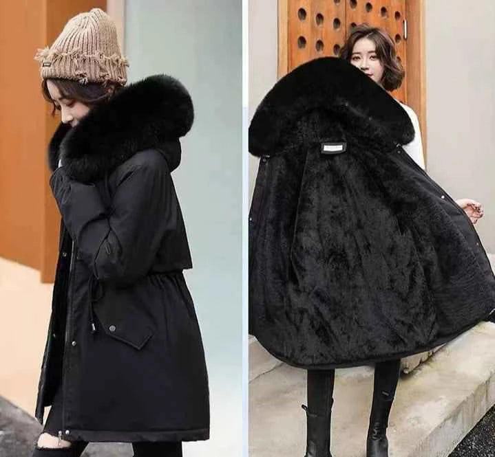 2025 Winter Women's Parka Cotton Padded Coat Korean Style Mid Length Waist Cinching Thickened for Cold Suitable for Short Girls