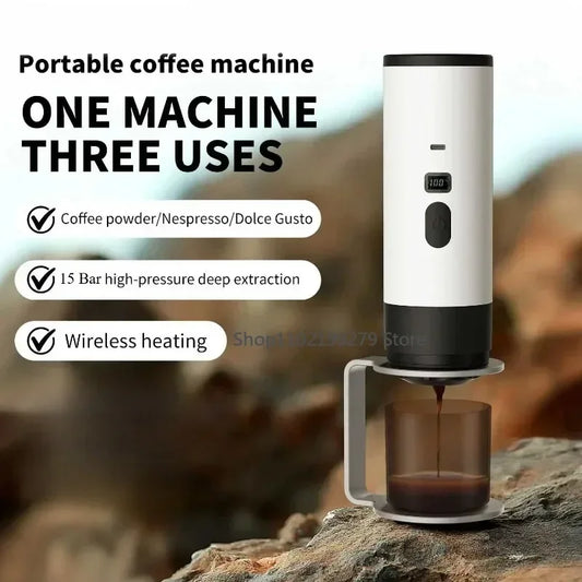 Portable Electric Coffee Maker 3-in-1 Capsule Coffee Grinder Travel Coffee Maker with Cordless Heating for Car and Home Camping - AMULET RING STORE