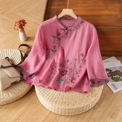 Casual Loose Blouse Shirt Women Clothes Summer Cotton Linen Ladies Tops Tee Blusas Vintage Embroidery Woman Shirt Camiseta Mujer