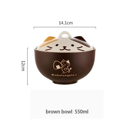 550ml Cartoon Cat Ceramic Instant Noodle Bowl With Lid Underglaze Color Soup Salad Bowl Kitchen Office Student Lunch Box 1pcs - AMULET RING STORE
